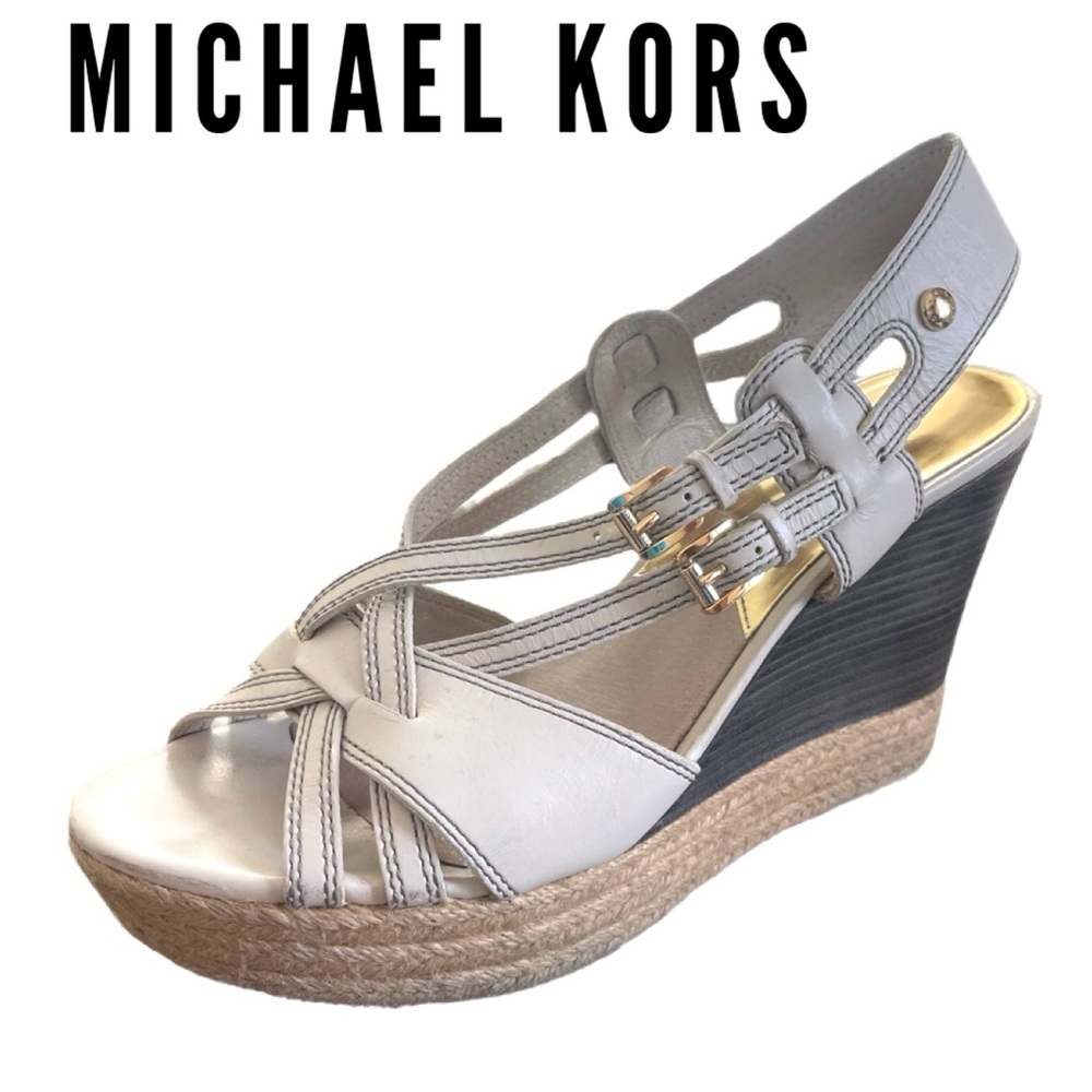 Michael Kors Keli Wedge Leather Espadrille Crossover Heel Beige Sandal Size 10